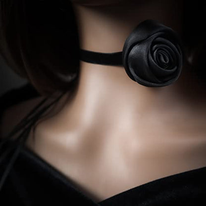 Black Choker Camellia Flower Lace-up Necklace For Women - color: Black rose