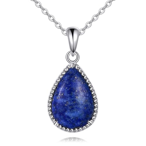 VONALA Sterling Silver Necklace Moss Agate/Turquoise/Larimar/Aquamarine/Opal/Black Onyx/Rose Quartz/Moonstone Pendant Teardrop Necklace Jewelry Gift for Women - style: Lapis lazuli