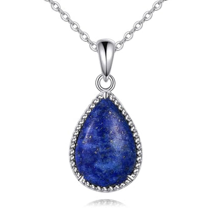VONALA Sterling Silver Necklace Moss Agate/Turquoise/Larimar/Aquamarine/Opal/Black Onyx/Rose Quartz/Moonstone Pendant Teardrop Necklace Jewelry Gift for Women - style: Lapis lazuli