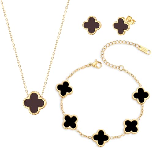 Clover Necklace Bracelet and Stud Earrings Jewelry Sets for Women | 18K Gold Plated Stainless Steel, Black/White Four Leaf Clover set,Christmas Birthday Lucky Gifts for Mom Wife Girlfriend - color: Gold Black 3PCS