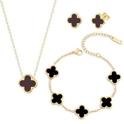 Clover Necklace Bracelet and Stud Earrings Jewelry Sets for Women | 18K Gold Plated Stainless Steel, Black/White Four Leaf Clover set,Christmas Birthday Lucky Gifts for Mom Wife Girlfriend - color: Gold Black 3PCS