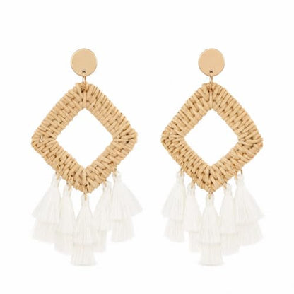 Handmade Raffia Rattan Bohemian Dangle Earrings for Women, Woven Rattan Round Drop Dangle Earrings Beach Jewelry - color: Tassel