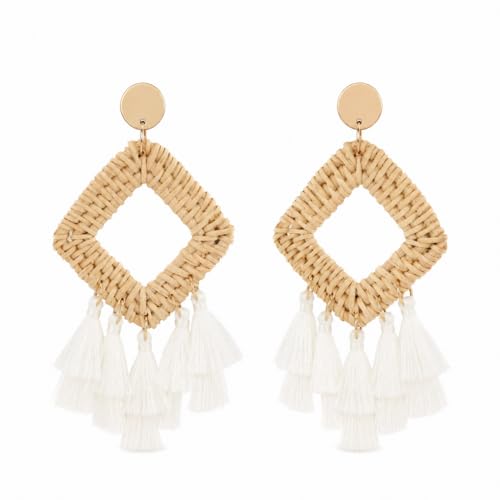 Handmade Raffia Rattan Bohemian Dangle Earrings for Women, Woven Rattan Round Drop Dangle Earrings Beach Jewelry - color: Tassel