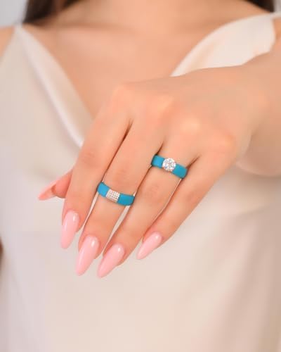 Rinfit Silicone Ring with Stone, Round Cut CZ | AAAAA Grade Cubic Zirconia, Solitaire Engagement Ring for Her, Flexible Rubber Wedding Band for Women, Patented Design - color: Pack P: Ocean / Rose Gold