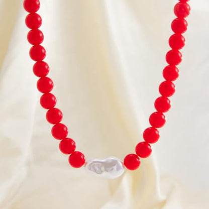Colorful Faux Baroque Pearl Resin Beaded Choker Necklace Summer Tropical Jewelry for Women - color: Red