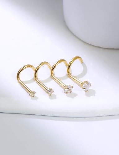 18G 20G 14K Gold Filled Nose Rings Studs Piercing Jewelry For Women Men 316L Surgical Steel Round Square Cubic Zirconia Nose Rings Studs Nostrial Piercing Jewelry CZ 1.5mm 2mm 2.5mm 3mm - color: 14K Gold Plated, size: 20 Gauge-Screw-Round CZ