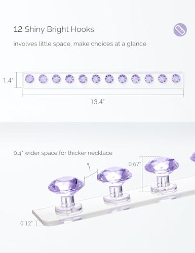 Necklace Holder Wall Mounted Necklace Hanger Hanging Necklace Organizer | Acrylic Jewelry Hanger with 12 Hooks, Jewelry Hooks for Necklaces/Bracelets, Jewelry Wall Organizer - color: Purple – 2Pack