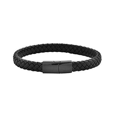 Geoffrey Beene Men's Braided Genuine Leather Bracelet with Stainless Steel Closure - color: Black