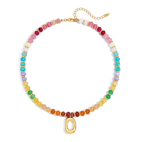 YUJIE Colorful Beaded Necklace for Women, Chunky Boho Choker with Large Gold Puffy Heart Pendant, Trendy Summer Beach Y2K Statement Jewelry Gift - color: oval