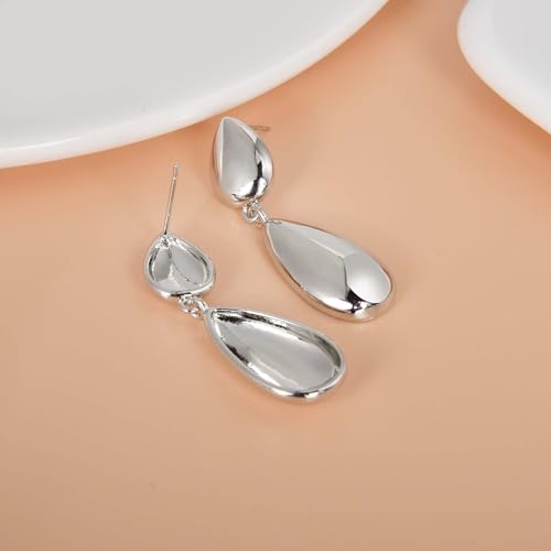 Large Geometric Drop Dangle Earrings for Women Pearl Teardrop Disc Rectangle Oval Fishtail Shell Shaped Textured Dangle Studs Earrings for Women - color: Silver-Polished