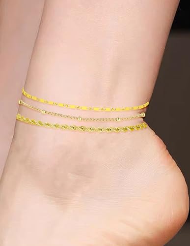 6PCS Ankle Bracelets for Women18K Gold Plated Stainless Steel Waterproof Layered Herringbone Figaro Bead Paperclip Rope Tennis Box Cuban Link Rolo Satellite Chain Anklets Set Gold Tone - style: B:Bead,Rope