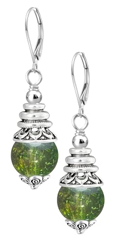 Natural 10mm Stone Beads Drop Earrings,Retro Silver Round Quartz Crystal Gemstone Beads Dangle Earrings for Women - color: A09_Crack Green Quartz