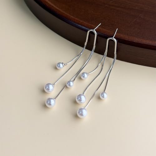Pearl Dangle Earrings for Women, 14K Gold Plated, Long Tassel Drop Style, Trendy Fashion Jewelry - color: Silver