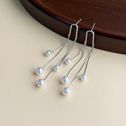 Pearl Dangle Earrings for Women, 14K Gold Plated, Long Tassel Drop Style, Trendy Fashion Jewelry - color: Silver