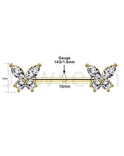Butterfly Nipple Rings for Women 14G Nipple Piercing Jewelry Gold Nipple Ring Surgical Steel Nipple Shield CZ Nipple Barbell Body Piercing Jewelry for Women - color: Gold
