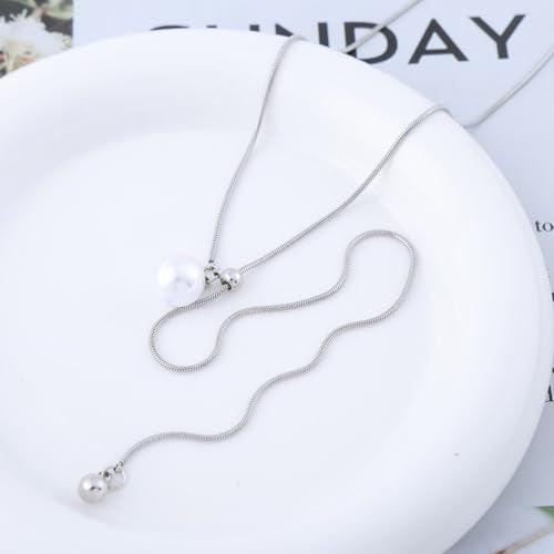 Boho Pearl Drop Lariat Y Necklace Faux Pearl Beads Pendant Necklace Adjustable Round Snake Chain Sliding Necklace Dainty Pearl Sweater Chain Necklace Wedding Bridal Jewelry for Women
