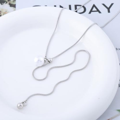 Boho Pearl Drop Lariat Y Necklace Faux Pearl Beads Pendant Necklace Adjustable Round Snake Chain Sliding Necklace Dainty Pearl Sweater Chain Necklace Wedding Bridal Jewelry for Women