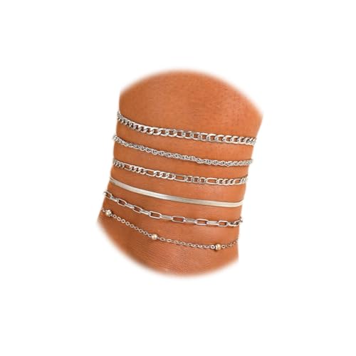 Adjustable Waterproof Layered Bracelets for Women Summer Beach Cuban Link Chain Anklets Set Herringbone Paperclip Beaded Snake Chain Stackable Anklet Stainless Steel Jewelry Bracelet - color: 6PCS-Silver