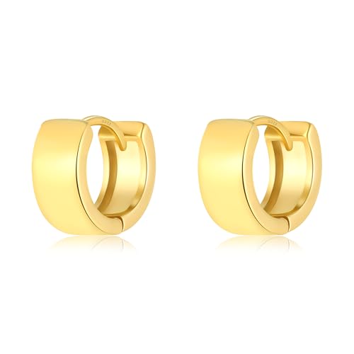 Simple Small Huggie Earrings for Women Trendy Wide Chunky Hoops | 925 Sterling Silver Post, 14K Gold or Silver Plated, Hypoallergenic Mini Cartilage Earring, Thick Hoop Earrings - color: Gold, size: 8mm