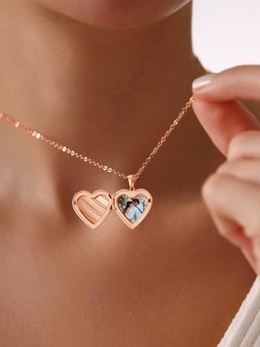 U7 Women Locket Necklace, Heart Photo Lockets Hold Picture, Gift Box Packed | Gold/Silver/Rose Locket Charm, Custom Picture and Engravement Heart Pendant, 20" Chain, Personalized Gift for Mom Wife Friend - color: 05# Rose Gold Stripe