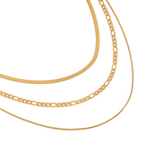 Gold Plated Triple Strand Multi-Layer Snake Figaro Chain Necklace | Non Tarnish Stainless Steel Necklace for Women, Three Layer Chain Necklaces,Versatile Minimalist Style