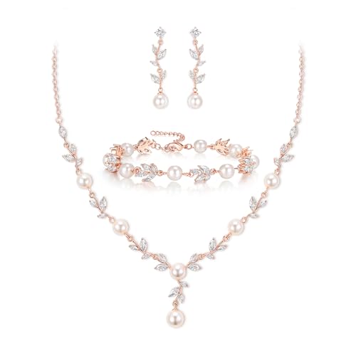 EleQueen Women's Simulated Pearl Wedding Jewelry Set for Brides | Cubic Zirconia Necklace Earrings Bracelet Set for Brides Bridesmaids, Bridal Jewelry Set for Anniversary/Memorial Day - style: Elegant Necklace Set Rose Gold-Plated-Base