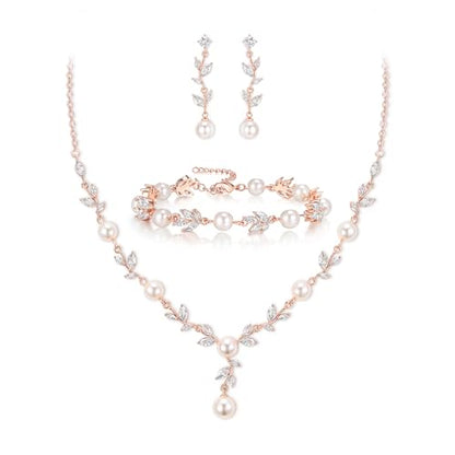 EleQueen Women's Simulated Pearl Wedding Jewelry Set for Brides | Cubic Zirconia Necklace Earrings Bracelet Set for Brides Bridesmaids, Bridal Jewelry Set for Anniversary/Memorial Day - style: Elegant Necklace Set Rose Gold-Plated-Base