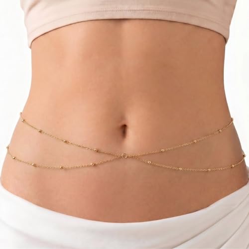 Gold Belly Waist Chain for Women | Layered Belly 14K Gold Plated Chain Adjustable Bikini Belly Beads Body Chain Waterproof | Jewelry Gift - color: Style 3