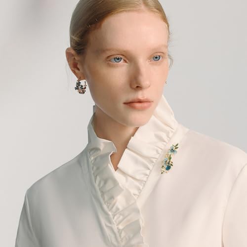 Irises Flower brooches and pins for women, Hand-driping Oil brooch pins inlaid with artificial crystals, SHE'S FREE STYLE JUST FOR YOU Green leaf safety pins enameled jewelry pins and brooches - color: Blue brooch