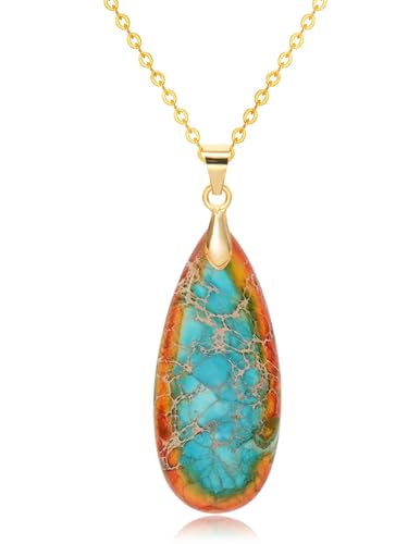 Stone Necklaces for Women Teardrop Gemstone Pendant Necklace Natural Stone Chain Necklaces - color: Orange Gold