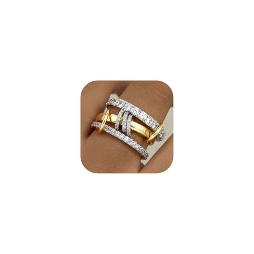 PATISORNA Gold Stackable Rings for Women Non Tarnish 18K Gold Plated Interlocked Stack Rings Set Silver Gold Mixed Metals Multi Ring Statement Thumb Rings Cubic Zirconia Connected Bands Fashion Jewelry Gifts - color: Three Circles Bands & CZ