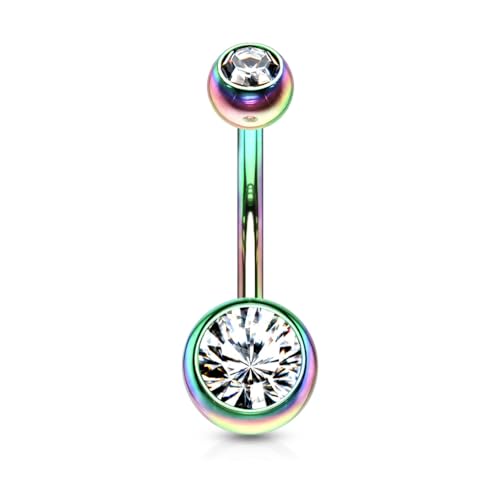 Belly Button Piercing Ring 14 Gauge Surgical Steel - color: Rainbow Clear Gem