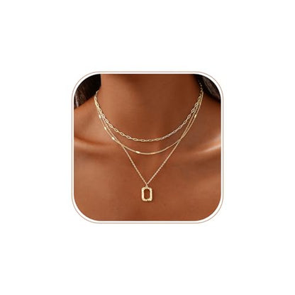 Gold Necklace for Women 14K Gold Plated Layered Cross Bar Necklace Herringbone Figaro Paperclip Flat Chain Cute Charm Accessories Non Tarnish Jewelry Set Gifts for Women - style: R-NK-07-Rectangle circle-GD