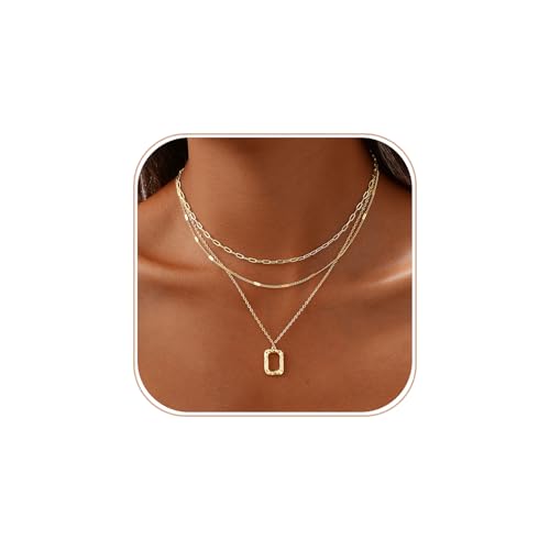 Gold Necklace for Women 14K Gold Plated Layered Cross Bar Necklace Herringbone Figaro Paperclip Flat Chain Cute Charm Accessories Non Tarnish Jewelry Set Gifts for Women - style: R-NK-07-Rectangle circle-GD