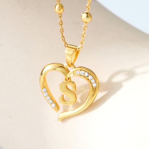 Cicy Bell Womens Heart Initial Necklace 18k Gold Plated | Personalized Letter Pendant, 17.7'' with 2'' Extender - color: Style 2-S-Gold