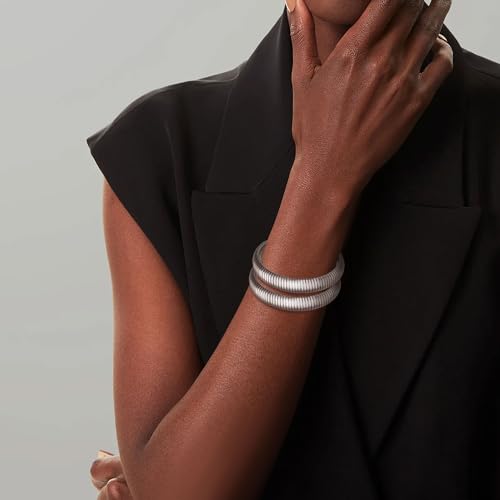 Gold Chunky Stretch Snake Chain Bangle Bracelets Stack for Women Trendy, 18K Gold Filled Stainless Steel Stretchy Womens Stackable Wristband Bangles Bracelet Set - style: SILVER 16MM 2PCS