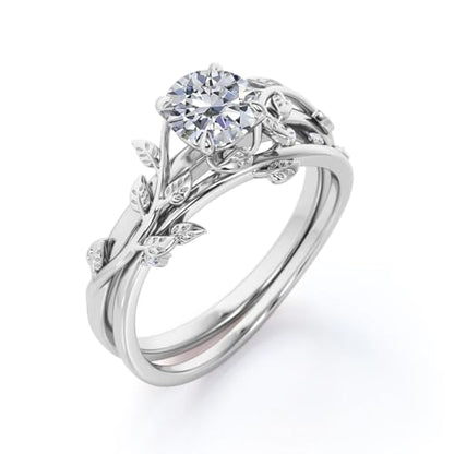 Center 1 CT Round Cut Floral Moissanite Wedding Rings Sets for Women Leaf and Vine Art Deco Engagement Ring Sets in S925 Sterling Silver 10K 14K 18K Gold with Text Engraving - color: Style B