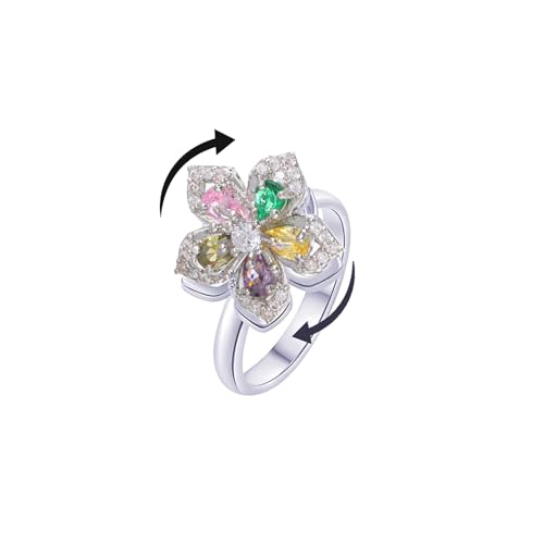 Sunflower Fidget Ring for Women Gold Anxiety Crystal Rings Cubic Zirconia Sunflower Open Adjustable Fidget Ring Spinner Sun Ring for Men Trendy Jewelry - color: Silver Colorful