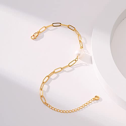 Dainty Gold Bracelets for Women, 18 Gold Plated Adjustable Evil Eye/Butterfly/Beaded/Pearl/Heart/Turquoise Handmade Bracelet for Women - style: Pearl and Paperclip