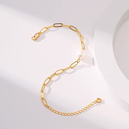 Dainty Gold Bracelets for Women, 18 Gold Plated Adjustable Evil Eye/Butterfly/Beaded/Pearl/Heart/Turquoise Handmade Bracelet for Women - style: Pearl and Paperclip