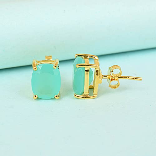 Women's 18K Gold Plated 8x10mm Princess Cut Gemstone Stud Earrings – Birthstone Jewelry for Her – Classic Cushion Studs - color: Aqua Chalcedony