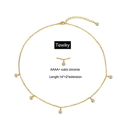 Tewiky Dainty 14k Gold Plated/Silver Cubic Zirconia Necklaces for Women, Simple CZ Jewelry Necklaces Trendy Gifts - color: Gold five drop CZ