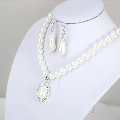 tenghong2021 Fashion Classic Faux Pearl Jewelry Set Necklace Bracelet Earrings for Women Best Gift - color: White water drop