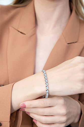 B. BRILLIANT Sterling Silver Genuine, Created or Simulated Gemstone Round S Design Tennis Bracelet for Women - color: Blue Topaz - Sterling Silver