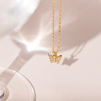 PAVOI 14K Gold Plated Dainty Cubic Zirconia Pendant Necklace for Women | Dot, Elephant, Butterfly, Pineapple, Lock, Knot, Palm Tree, Bow, Smiley Pendant | Layering Chain Necklaces - style: Butterfly