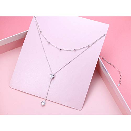 FLYOW Layered Necklace S925 Sterling Silver Y Shaped Jewelry - style: Two Teardrop CZ Style