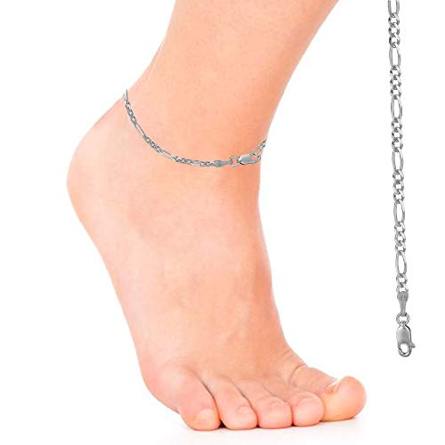 Ritastephens Sterling Silver or Gold Tone Italian 2.1mm Figaro Link Chain Anklet, Bracelet, or Necklace - style: 11" Anklet (Silver)