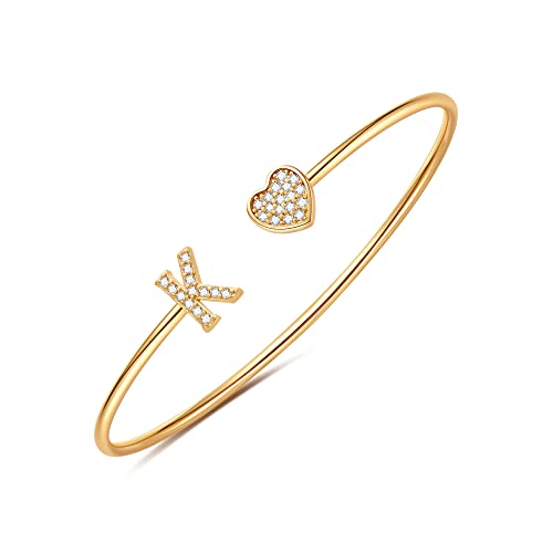 Gold Bracelets for Women Teen Girls, 14K Gold Plated Initial Heart Bangle | Adjustable Open Cuff Bracelet, Dainty Letter Jewelry, Daughter Sister Bridesmaid Friend, Birthday Christmas Graduation Gift - color: K