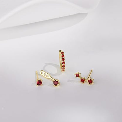 3 Pairs Dainty Small Earrings Set for Women Trendy, Birthstone Stud Huggie Hoop Jacket Stack for Cartilage Helix, Gold Plated Hypoallergenic Cute Women Fashion Accessories Western Jewelry Gifts - color: 01Red Created Garnet-Jan (Gold)