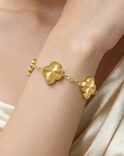 Four Leaf Clover Bracelet 18K Gold Plated Bracelets for Women Lucky Flower Design Stainless Steel Hypoallergenic Link Chain Adjustable Dainty Trendy Jewelry Gifts for Women - color: Gold